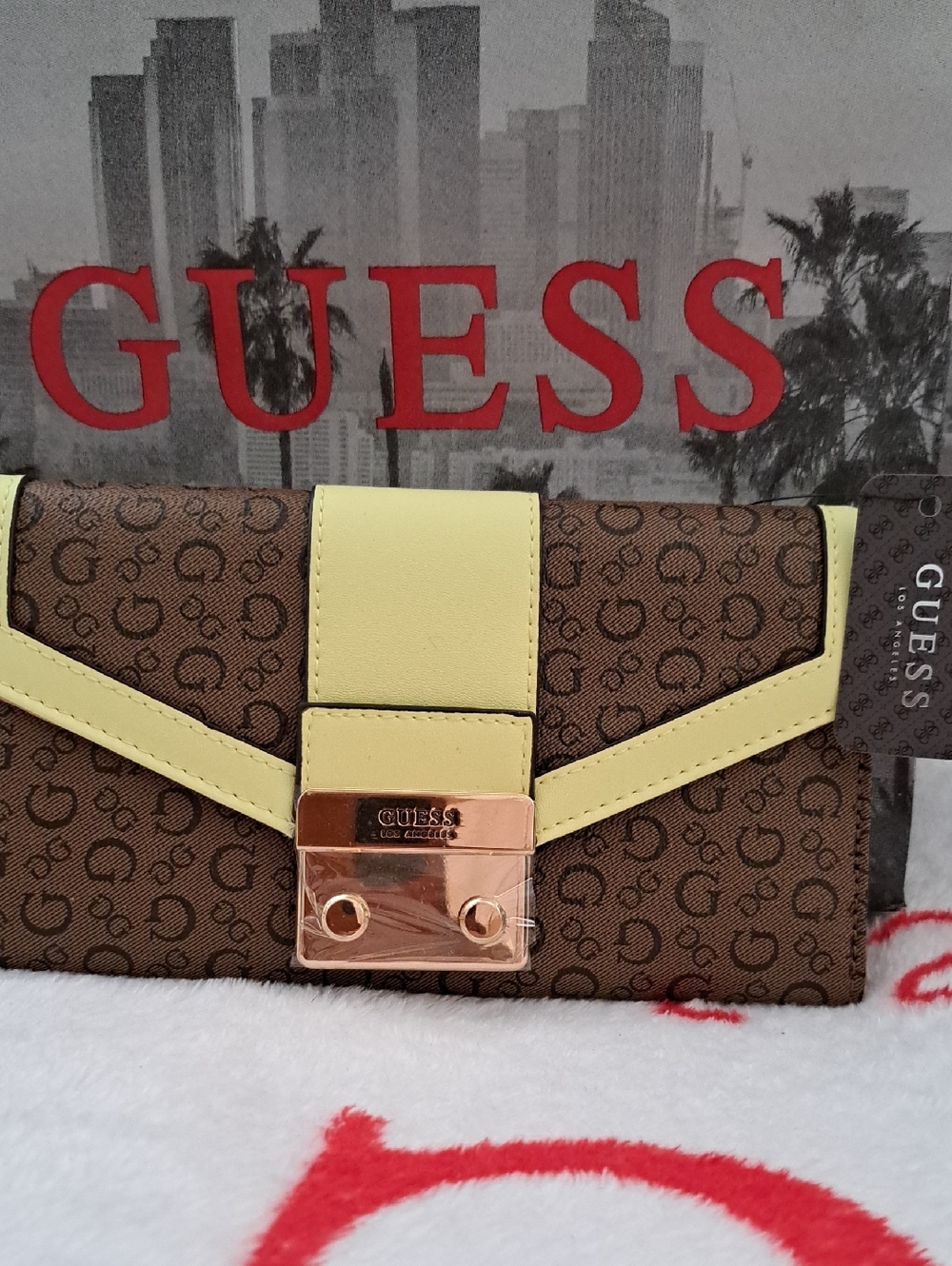 Guess Brown Monogram Wallet with Cream Trim and Rose Gold Hardware